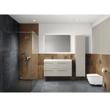 Badezimmer mit Dusche, Waschtisch, Spiegel, Spiegelschrank und Toilette in modernem Design