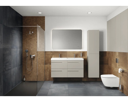 Badezimmer mit Dusche, Waschtisch, Spiegel, Hochschrank und Toilette.