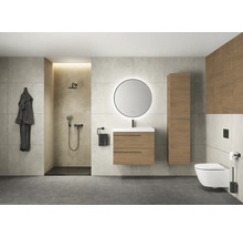 Modernes Badezimmer mit Dusche, Waschtisch mit Spiegel, Hochschrank und Toilette