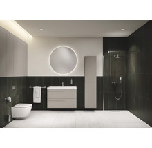 Badezimmer mit Toilette, Waschtisch, Spiegelschrank und Dusche