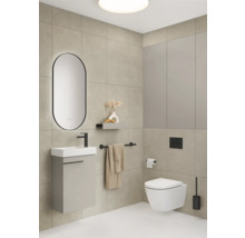 Badezimmer mit Waschtisch, Spiegel, Toilette und Handtuchhalter