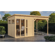 Holzgartenhaus mit Büro und Liege unter einem Unterstand