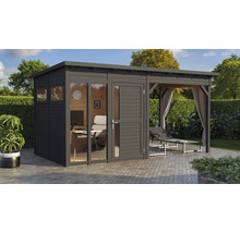 Modernes Gartenhaus mit Büro und überdachter Terrasse im Garten.
