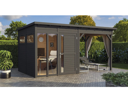Modernes Gartenhaus mit Büro und überdachter Terrasse im Garten.