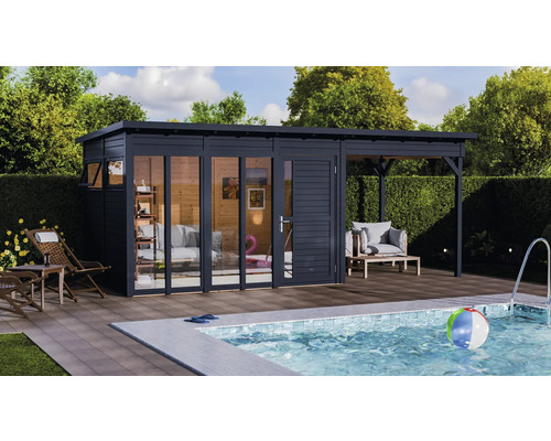 Modernes Gartenhaus mit Pool und Terrasse für den Außenbereich.