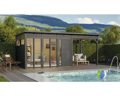 Modernes Gartenhaus aus Holz mit Pool und Terrasse für den Außenbereich