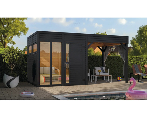 Gartenhaus mit Terrasse und Pool im Garten
