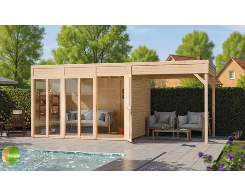 Gartenhaus Bertilo Cubus 3 Poolhouse inkl. Bodenplatte, Schleppdach 582 x 240 cm natur Holzgartenhaus mit Glasschiebetüren und überdachter Terrasse neben Pool im Garten