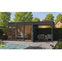 Gartenhaus mit Schiebetüren und überdachter Terrasse neben einem Swimmingpool