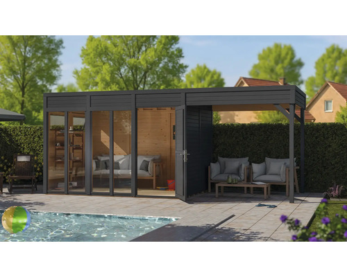 Gartenhaus mit Schiebetüren und überdachter Terrasse neben einem Swimmingpool