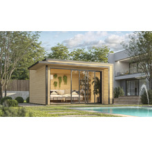 Modernes Gartenhaus mit Schiebetüren und Pool im Hintergrund.