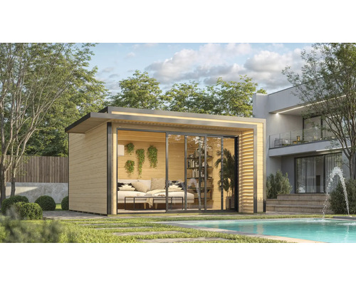 Modernes Gartenhaus mit Schiebetüren und Pool im Hintergrund.