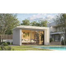 Modernes Gartenhaus mit Schiebetüren und komfortabler Inneneinrichtung neben einem Pool