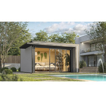 Modernes Gartenhaus mit Schiebetüren neben einem Pool