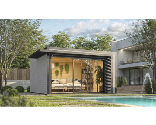Modernes Gartenhaus mit Schiebetüren neben einem Pool
