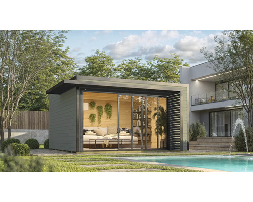 Gartenhaus mit Schiebetüren und modernen Möbeln neben einem Swimmingpool