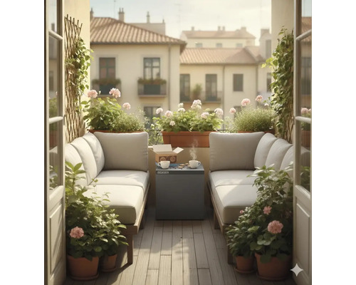 Einladender Balkon mit Sitzgelegenheiten, Beistelltisch, Blumen und Pflanzen