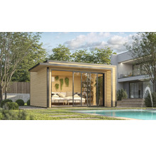 Gartenhaus mit Schiebetür, Holzverkleidung und moderner Einrichtung neben einem Pool in einem Garten.