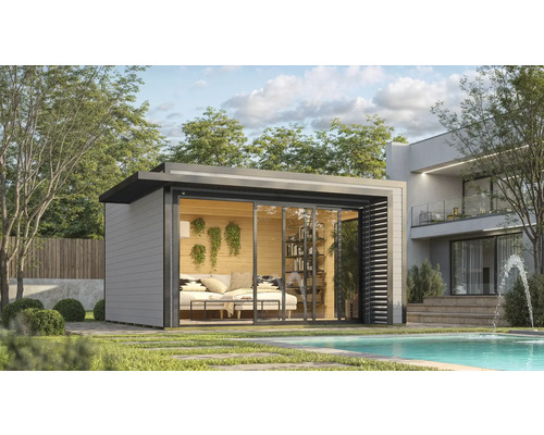 Modernes Gartenhaus mit Schiebetüren neben einem Swimmingpool
