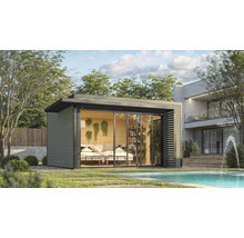 Modernes Gartenhaus aus Holz mit Schiebetüren neben einem Pool