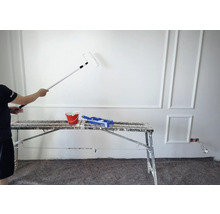 Maler streicht eine Wand mit einer Farbrolle, ein Farbeimer und eine Farbwanne stehen auf einem Gerüst.