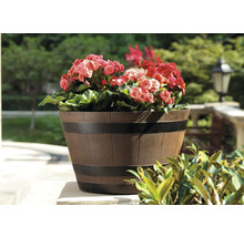 Blumentopf in Fassoptik mit Blumen