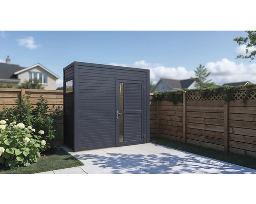 Gartenszene mit Gerätehaus aus Holz mit Tür und Fenster