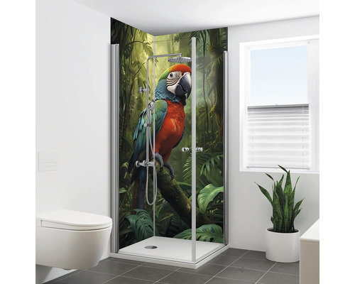 Duschrückwand-Set BREUER Foto Papagei 2x 255 x 90 cm 9480605000310 Badezimmer mit Dusche, Toilette und Fenster. Die Duschkabine zeigt ein Papageienmotiv.