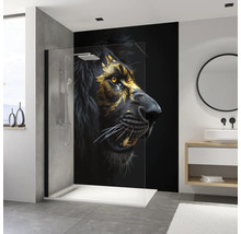 Modernes Badezimmer mit Duschkabine und Löwenmotiv