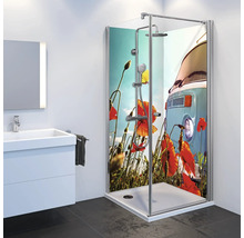 Badezimmer mit Duschkabine mit Mohnblumen- und Busmotiv