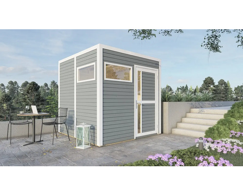 Gartenhaus mit Fenster und Tür auf einer Terrasse