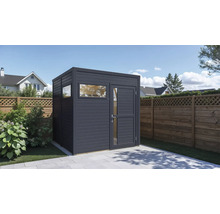 Gartenhaus aus Holz mit Fenster und Tür auf Rasenfläche