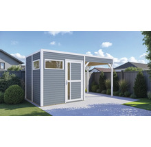 Gartenhaus mit Überdachung auf Rasen und Pflastersteinen