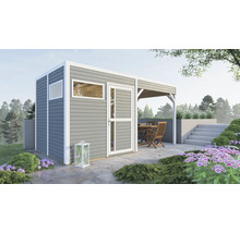 Gartenhaus mit Fenster, Tür und überdachter Terrasse im Garten