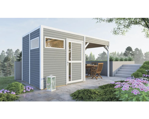 Gartenhaus mit Fenster, Tür und überdachter Terrasse im Garten