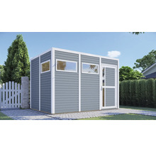 Gartenhaus mit Fenster und Tür im Außenbereich.