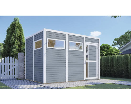 Gartenhaus mit Fenster und Tür im Außenbereich.