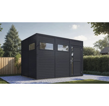 Modernes Gartenhaus mit Fenstern und Tür im Außenbereich.