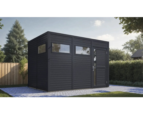 Modernes Gartenhaus mit Fenstern und Tür im Außenbereich.