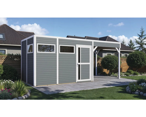 Modernes Gartenhaus mit Überdachung, Fenstern und Tür im Garten.