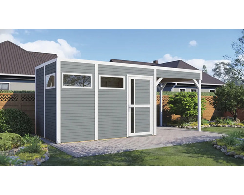 Gartenhaus mit Überdachung und Fenster auf gepflastertem Untergrund