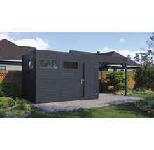 Gartenhaus mit Fenstern, Tür und Anbau auf gepflasterter Fläche