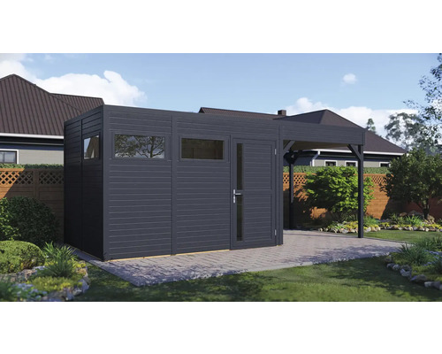 Gartenhaus mit Fenstern, Tür und Anbau auf gepflasterter Fläche