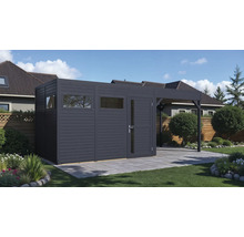 Gartenhaus mit Überdachung auf Rasenfläche