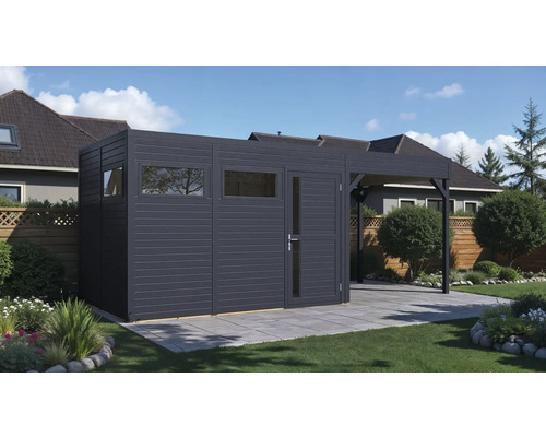 Gartenhaus mit Überdachung auf Rasenfläche