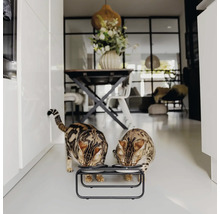 Zwei Katzen fressen aus einem Doppel-Fressnapf in einem hellen Zimmer.