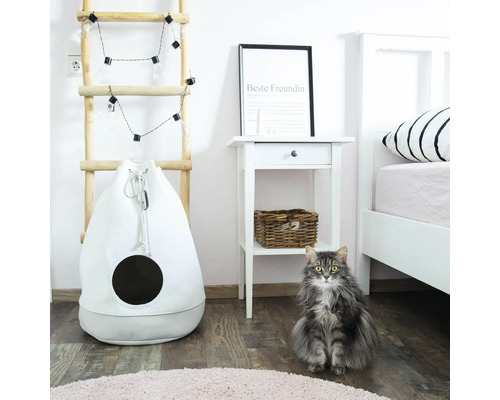 Zimmeransicht mit Katzenhöhle, Leiter mit Dekoration, Nachttisch, Bett und Katze