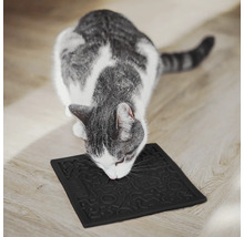 Graue Katze schnuppert an einem schwarzen Fressnapfunterleger mit Muster