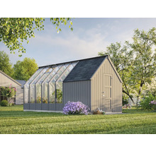 Gartenansicht mit Gewächshausanbau für Pflanzen und Gemüse