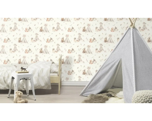 Kinderzimmer mit Bären Tapete, Spielzelt und Kinderbett